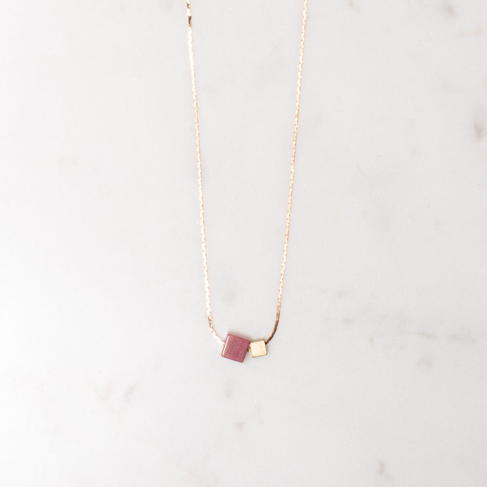 Rose Long Gem And Brass Cube Necklace