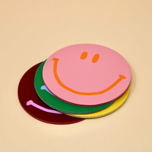 Default Happy Face Smilie Leather Coaster Set Of 4