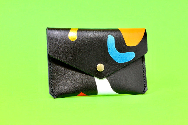 Black Abstract Leather Popper Purse