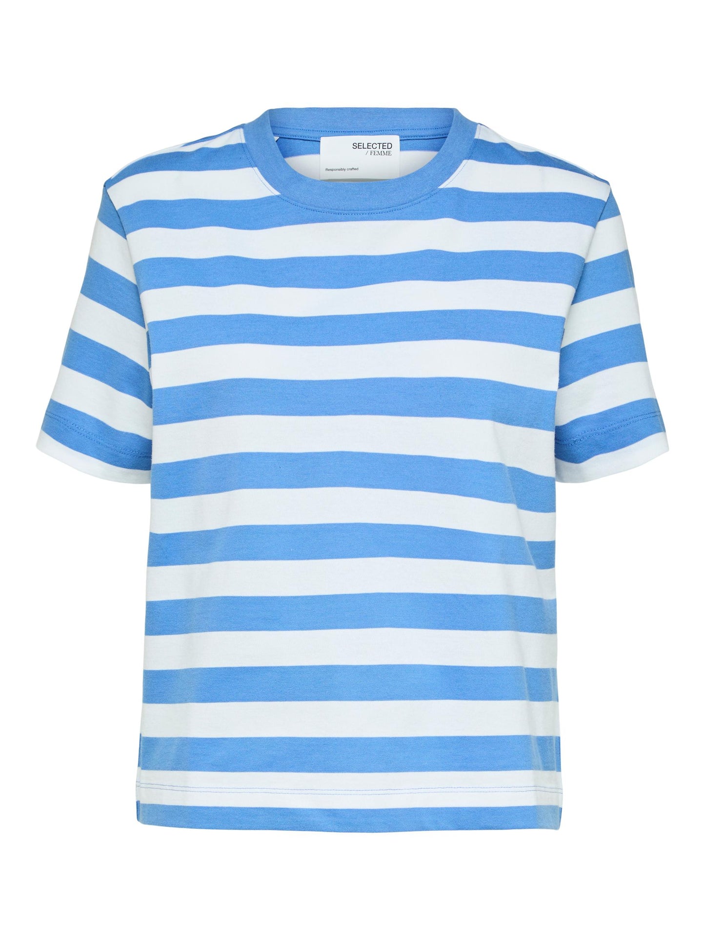 
                  
                    SLFESSENTIAL Ultramarinblaues, hellweiß gestreiftes, kastenförmiges T-Shirt
                  
                