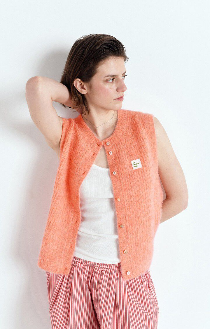 
                  
                    EAST – Ärmellose Strickjacke in Weiß-Pfirsich-Melange
                  
                