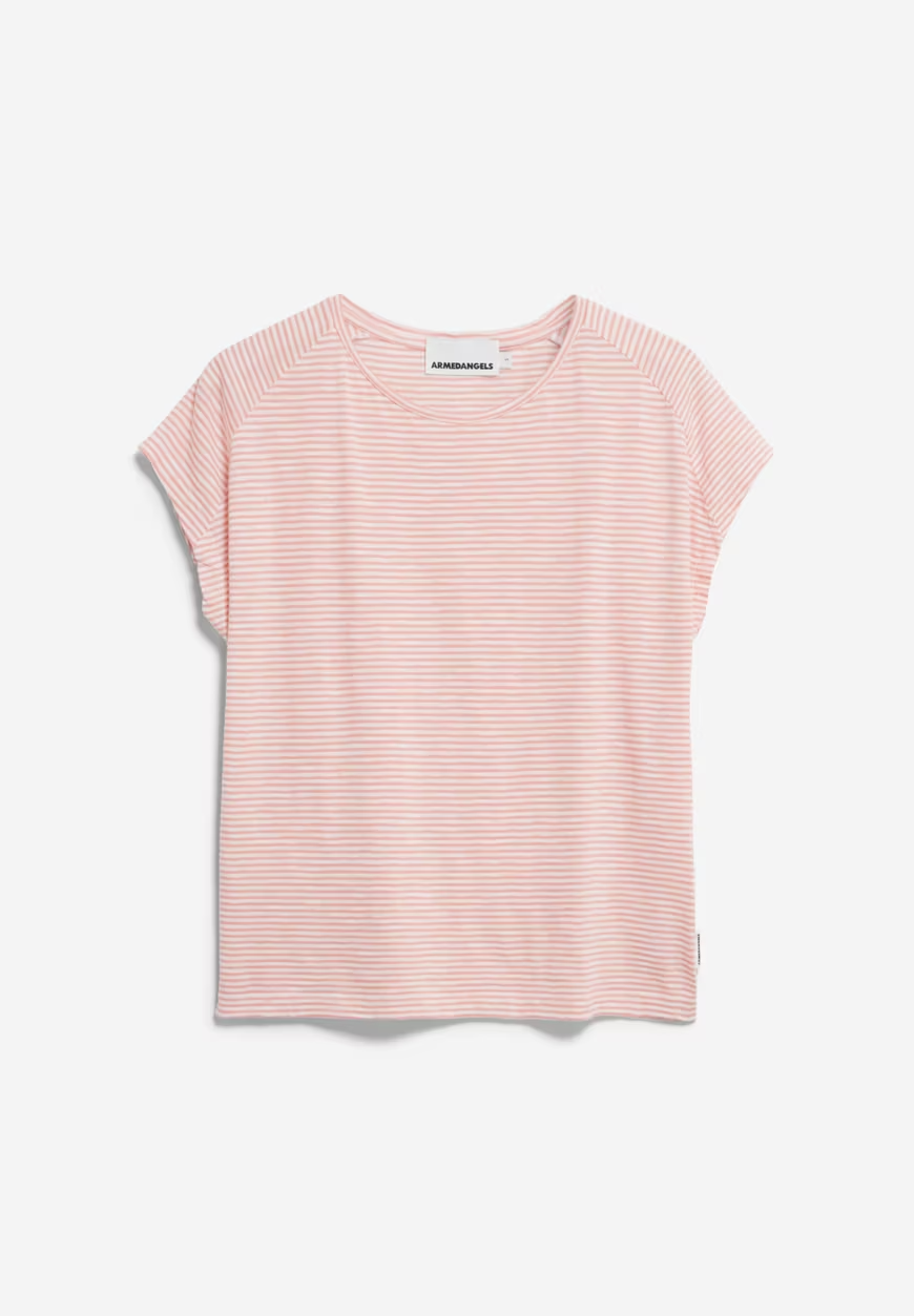 ONELIAA LOVELY – Lockeres T-Shirt mit tiefen Rosalilly-Streifen in Hafermilch
