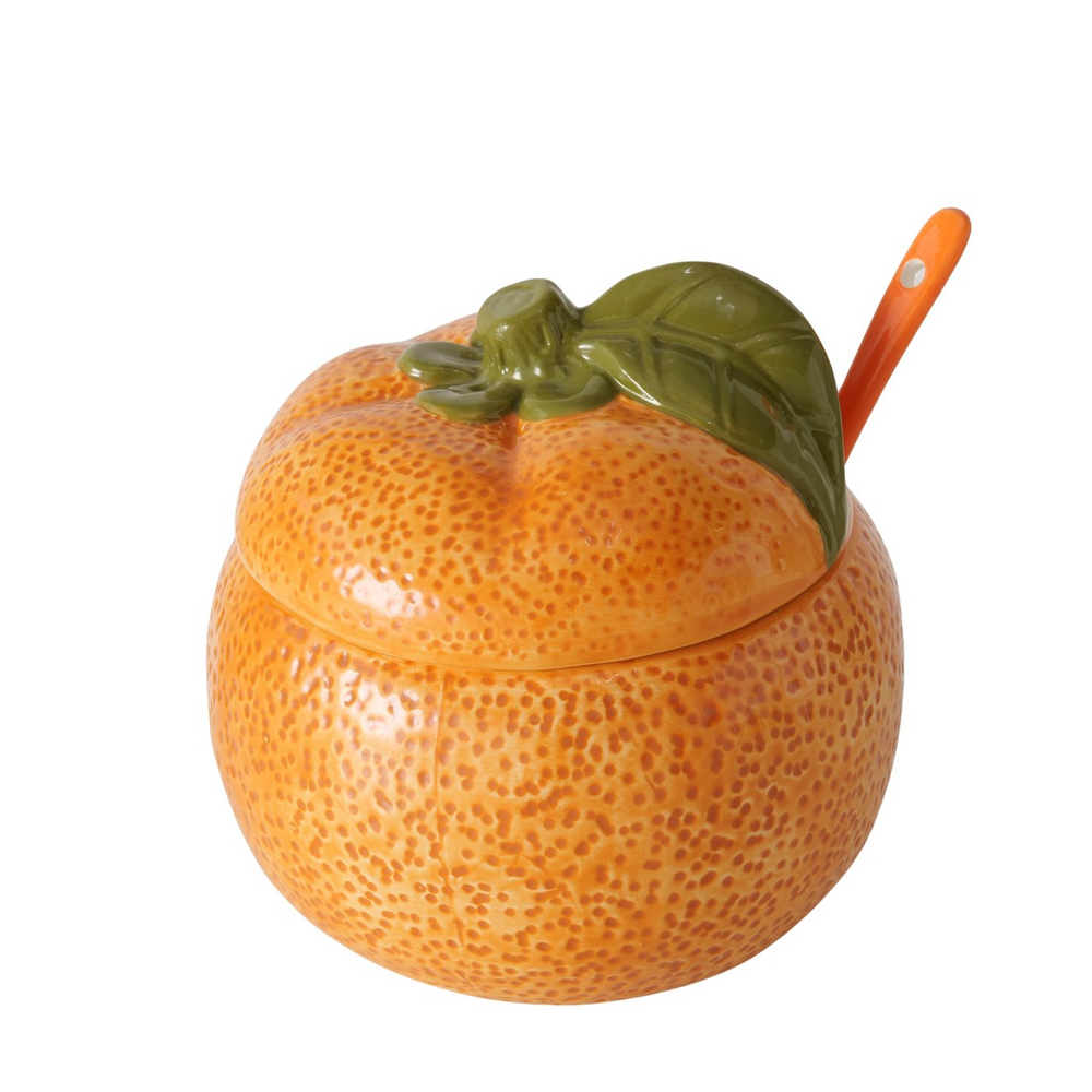 Orangefarbener Marmeladentopf aus Keramik