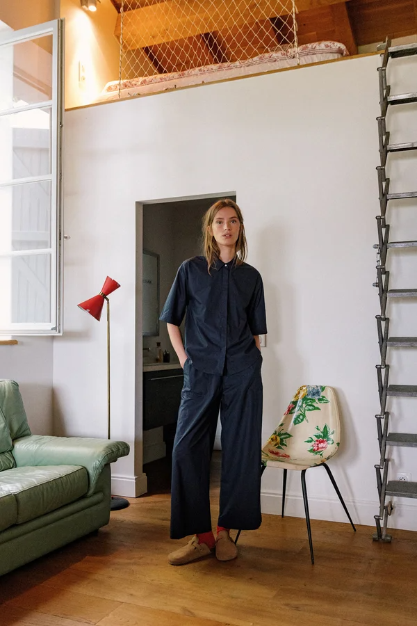 
                  
                    Navy Elastic Cotton Trousers
                  
                