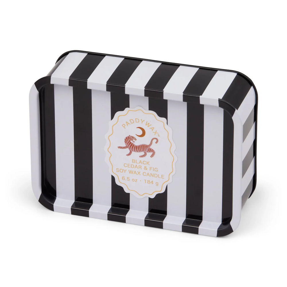 Eine DOPO Black Cedar & Fig Tiger Printed Tin Candle