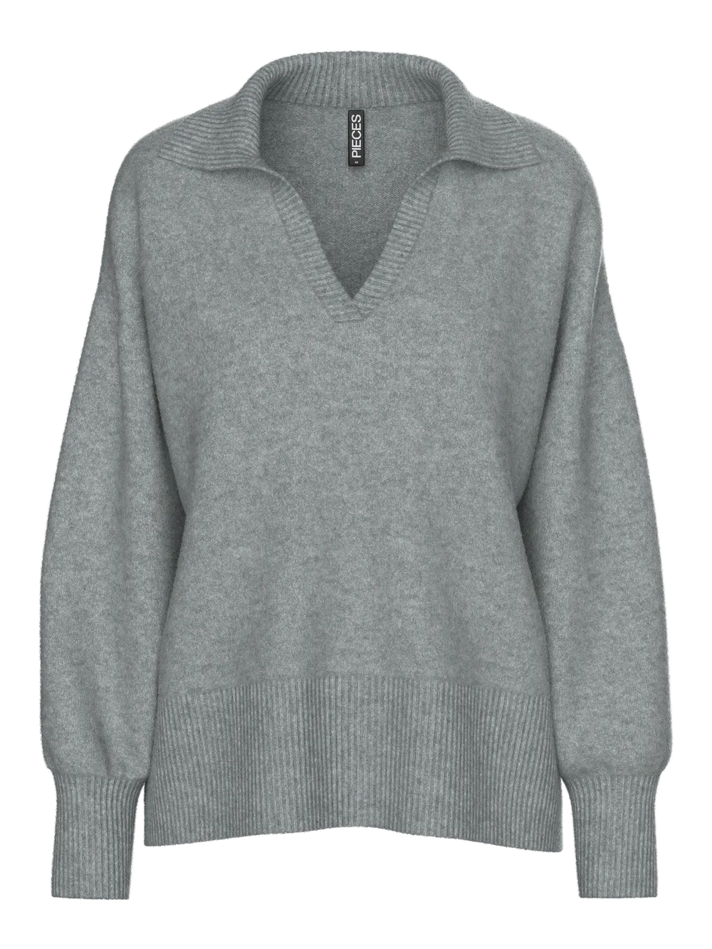PCMALOU Mittelgrauer Melange-Polo-Strickpullover