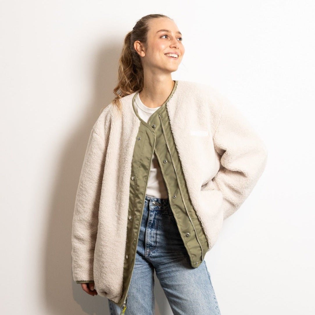 
                  
                    Pale Olive Sand Reversible Bomber Jacket
                  
                