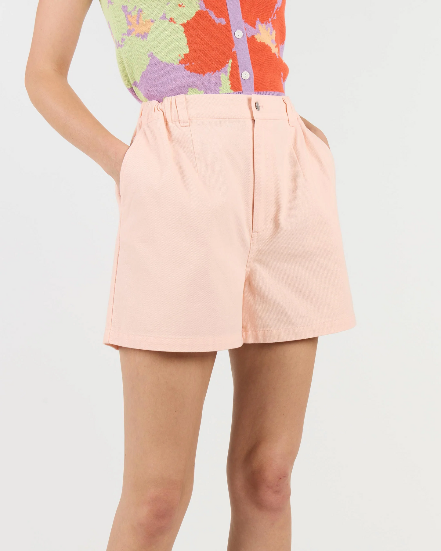
                  
                    ENORA Peach Cotton Twill Highwaist Shorts
                  
                