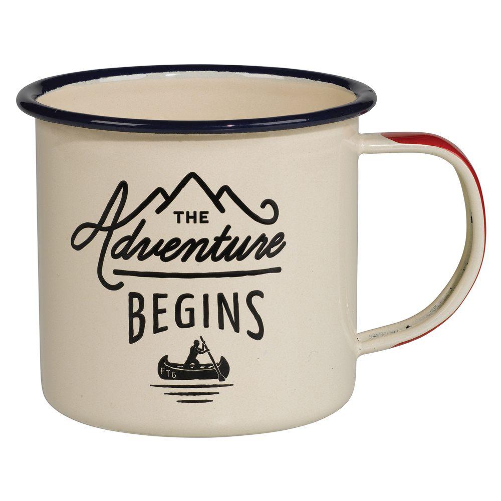 Abenteuer beginnt Cremefarbene Emaille-Tasse