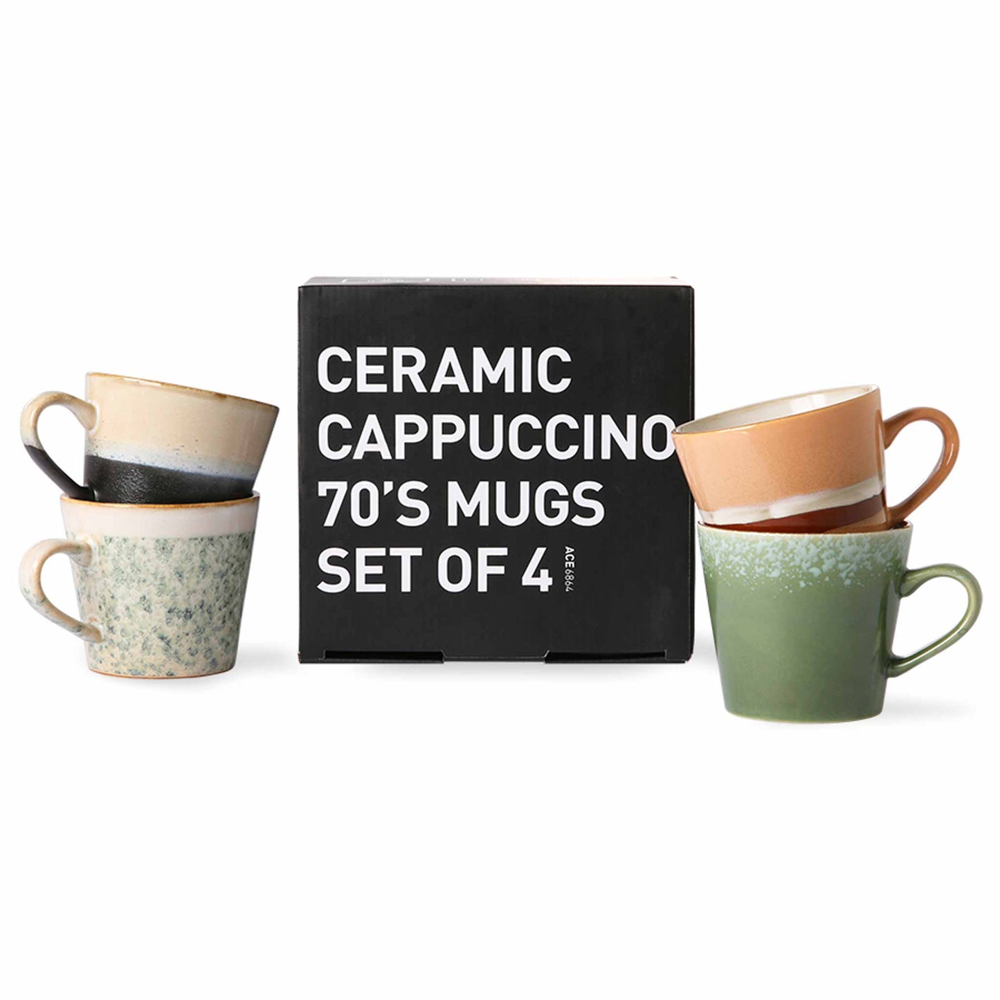 
                  
                    Mehrfarbige Cappuccino-Tassen aus Keramik im Stil der 70er (4er-Set)
                  
                