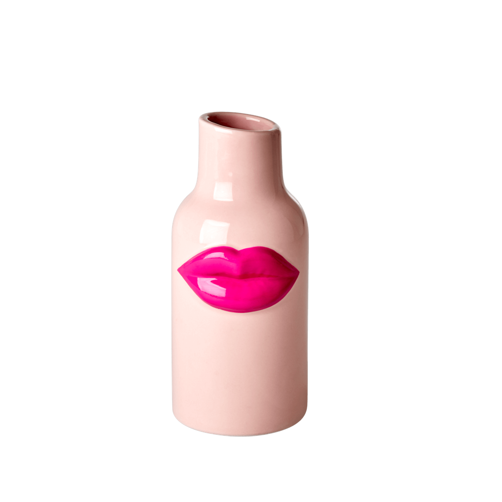 Kleine rosafarbene Keramikvase mit Lippen in Fuchsie